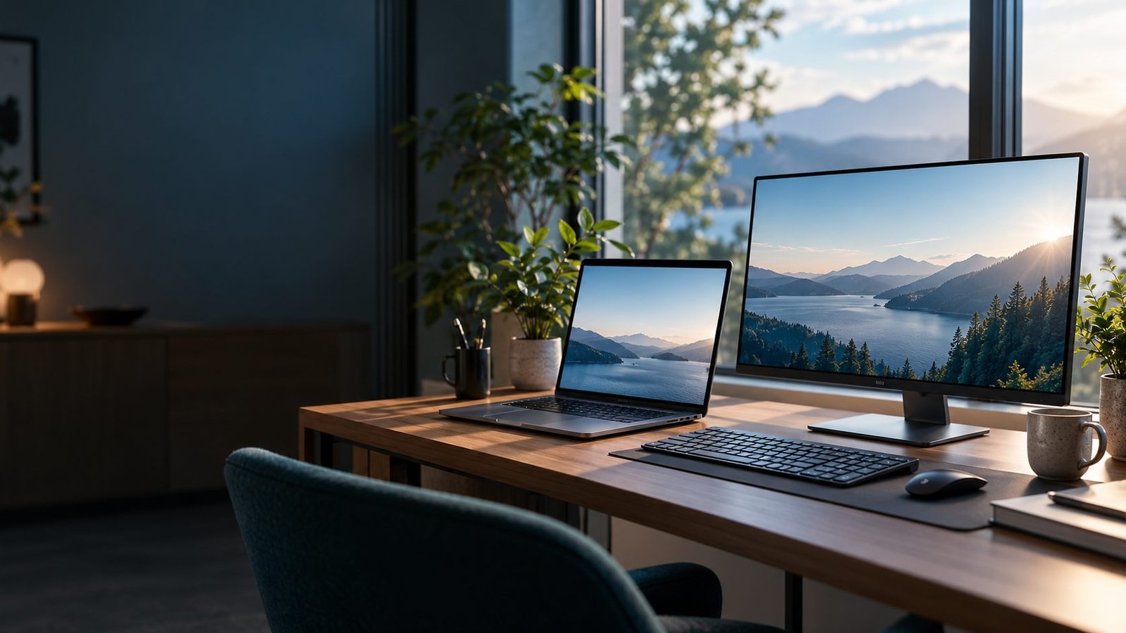 AI-generated editorial image of an unbranded laptop, monitor and keyboard on a daylight desk; an illustrative scene, not a tested product.