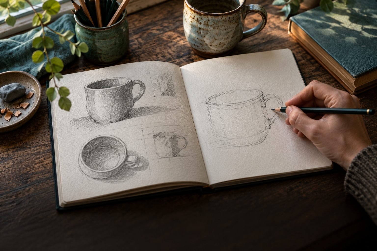 AI-generated editorial image of a hand sketching a mug in a notebook beside graphite pencils; an illustrative creative scene.