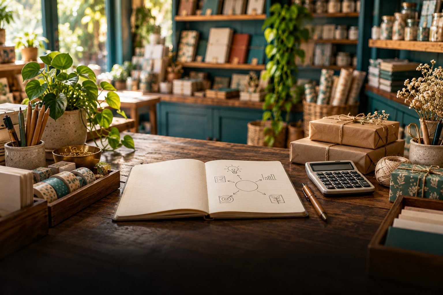 AI-generated editorial image of an imagined stationery-shop counter with planning notes, calculator and parcels; not an actual business.